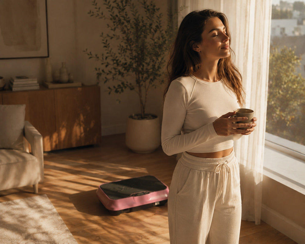 Woman holding a mug at the window in early light, the pink Nuvé plate resting on the wood floor behind her