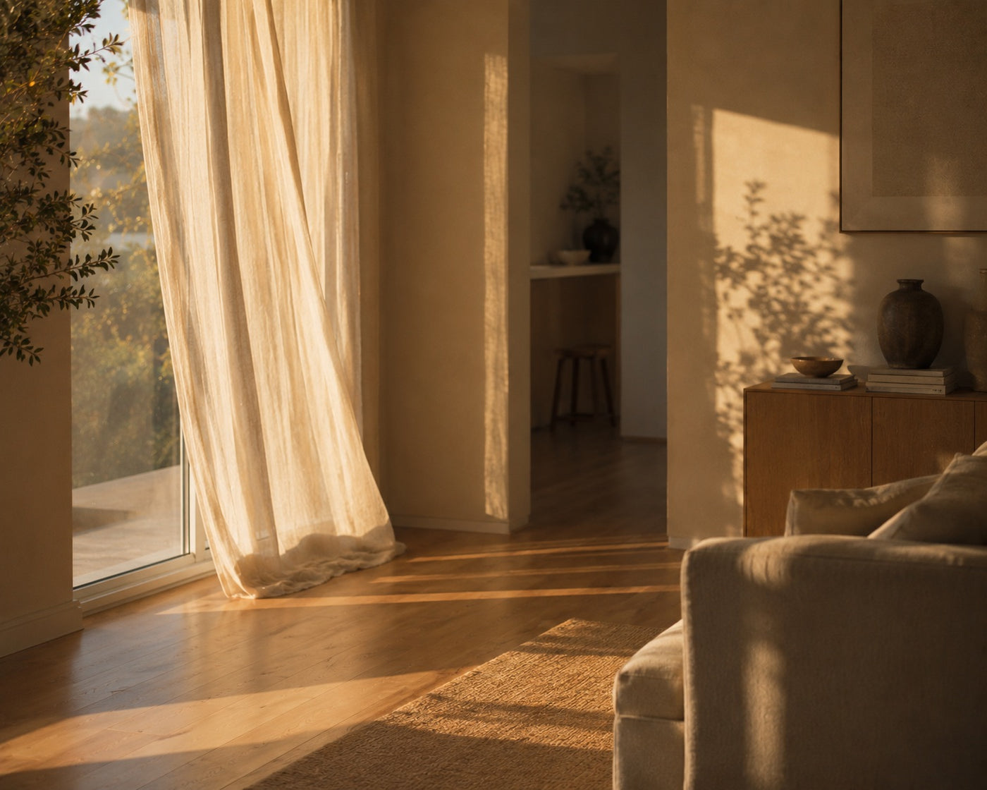 Empty living room at first light, a linen curtain glowing golden by the window