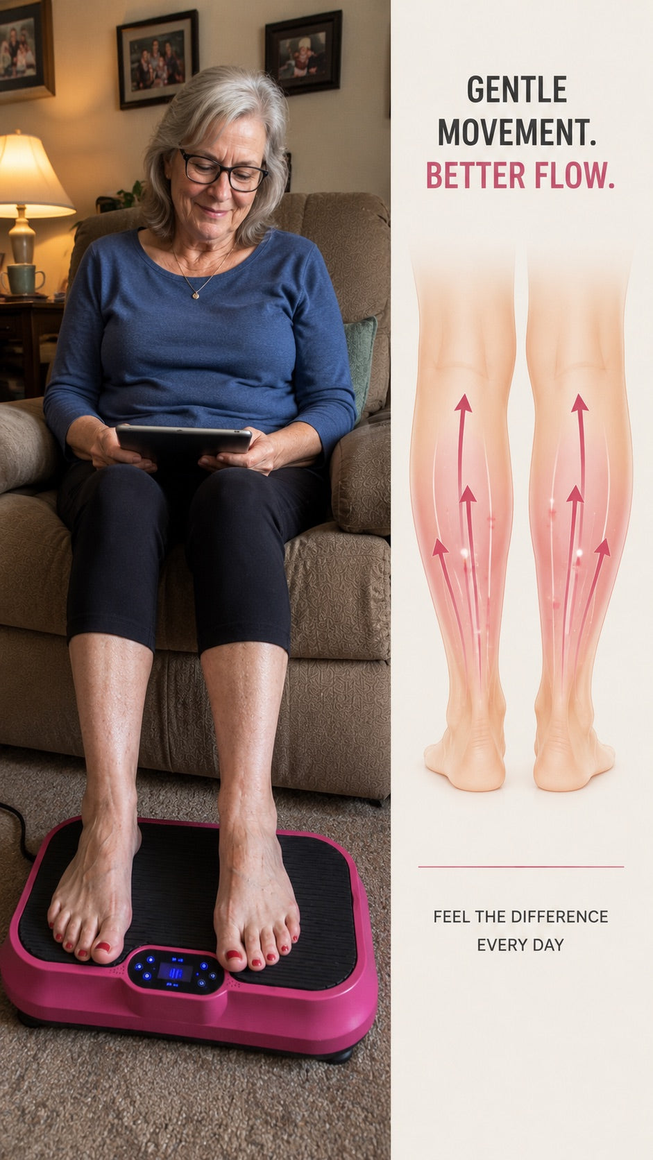 Woman using Nuvé from her armchair with both feet resting on the plate