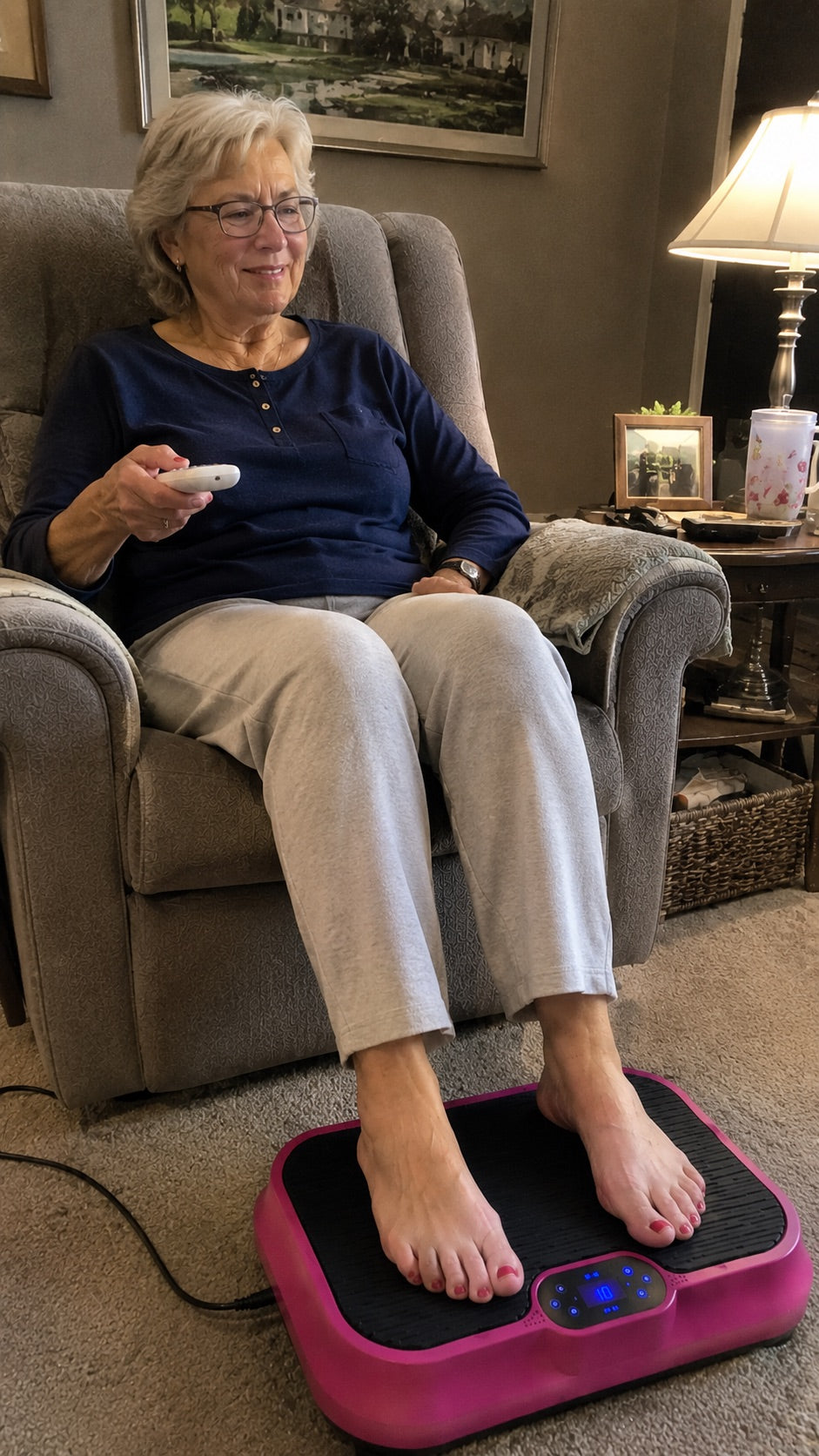 Older woman comfortably controlling Nuvé with the remote while seated