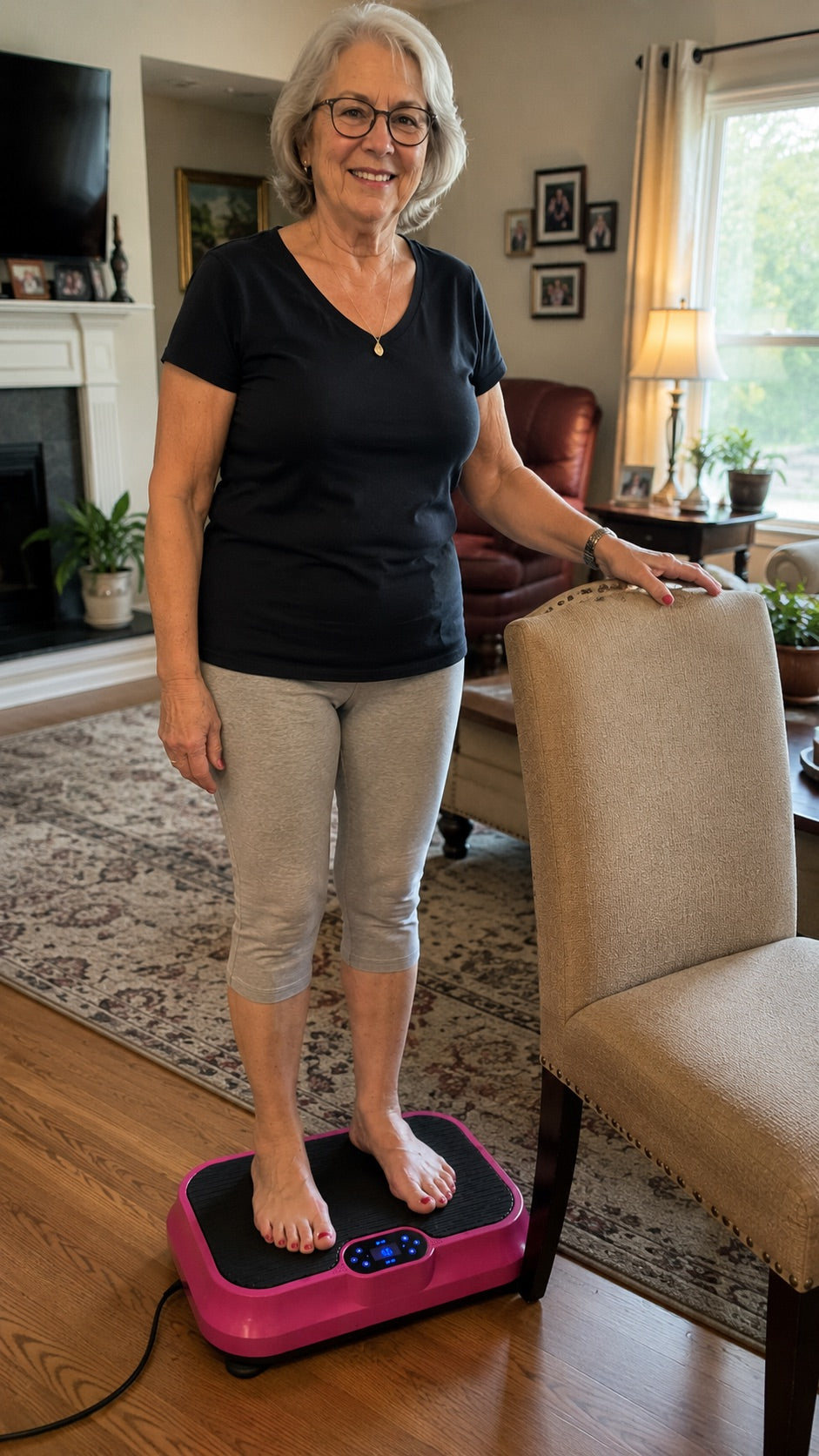 Senior woman standing on Nuvé while holding a sturdy chair for support