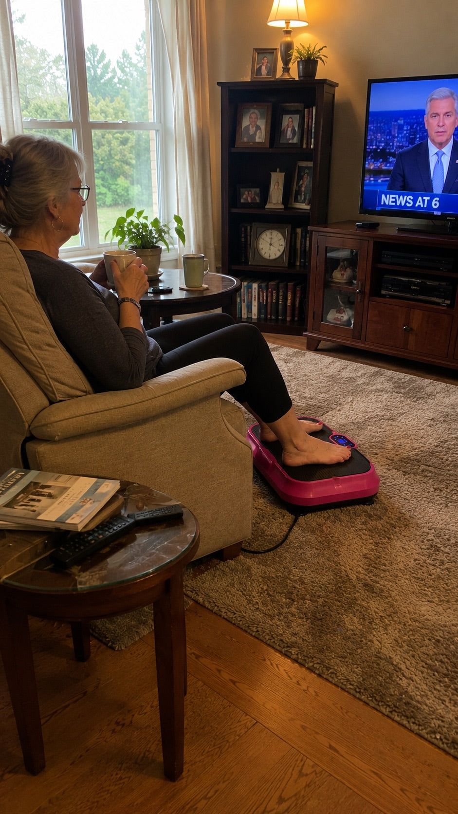 Woman relaxing in her living room while using Nuvé and watching television