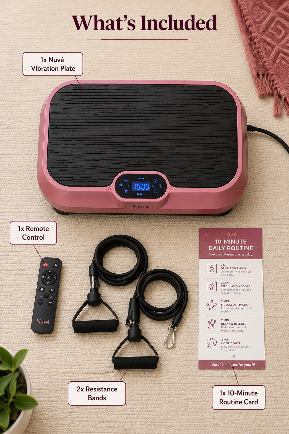 The Nuvé plate, remote and two resistance bands laid out