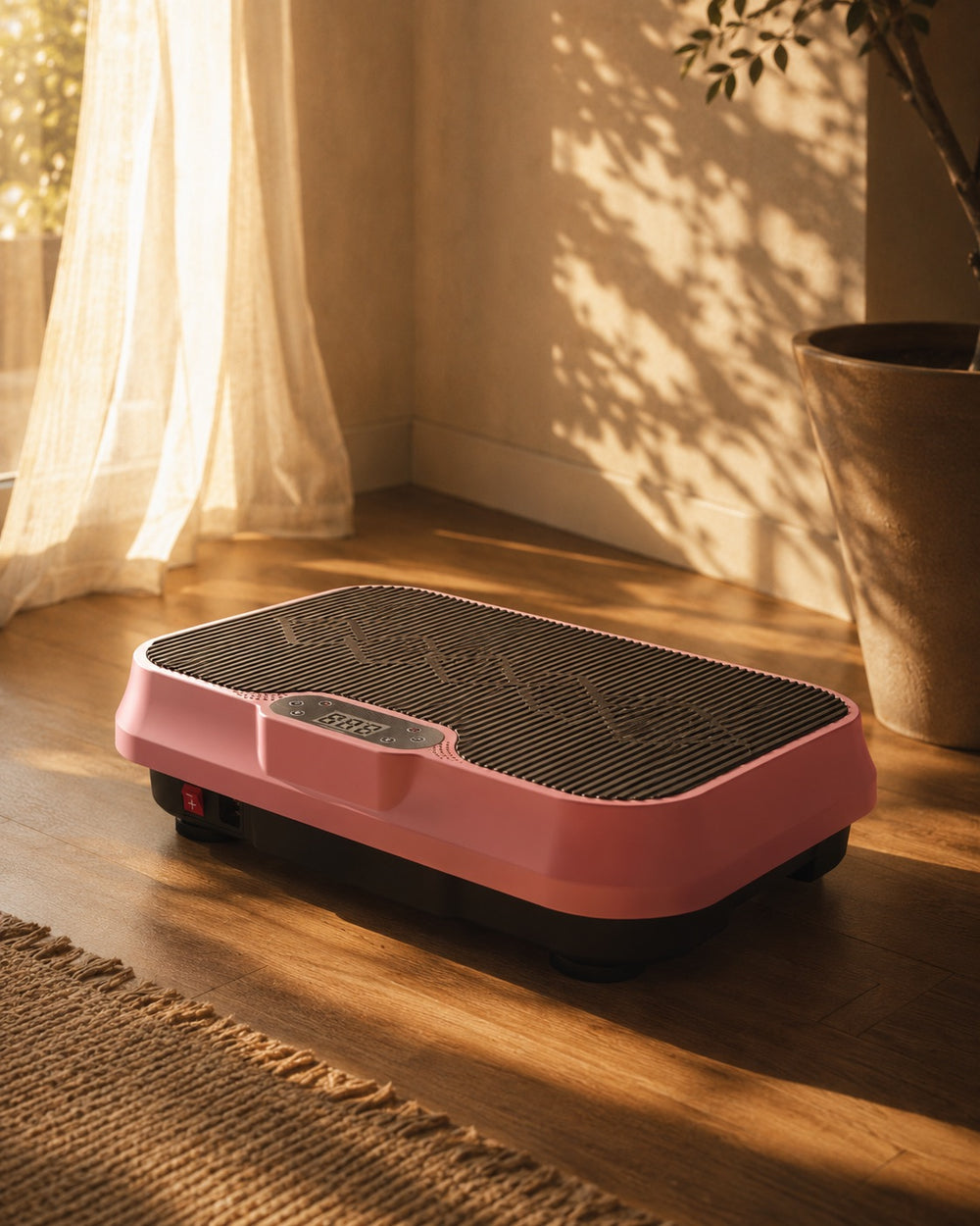 The pink Nuvé plate resting on a wood floor by a sunlit window