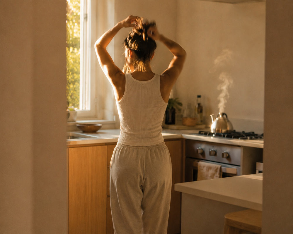 Woman tying her hair up in a sunlit kitchen while the kettle steams