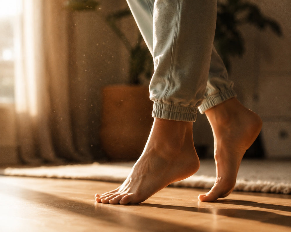 Bare feet rising onto tiptoe on a warm wood floor in golden morning light