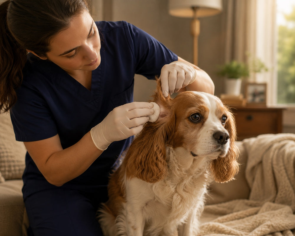 A relaxed spaniel getting its ears gently cleaned at home
