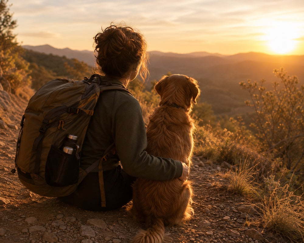 Hooman and golden retriever watching the sunset from a mountain trail