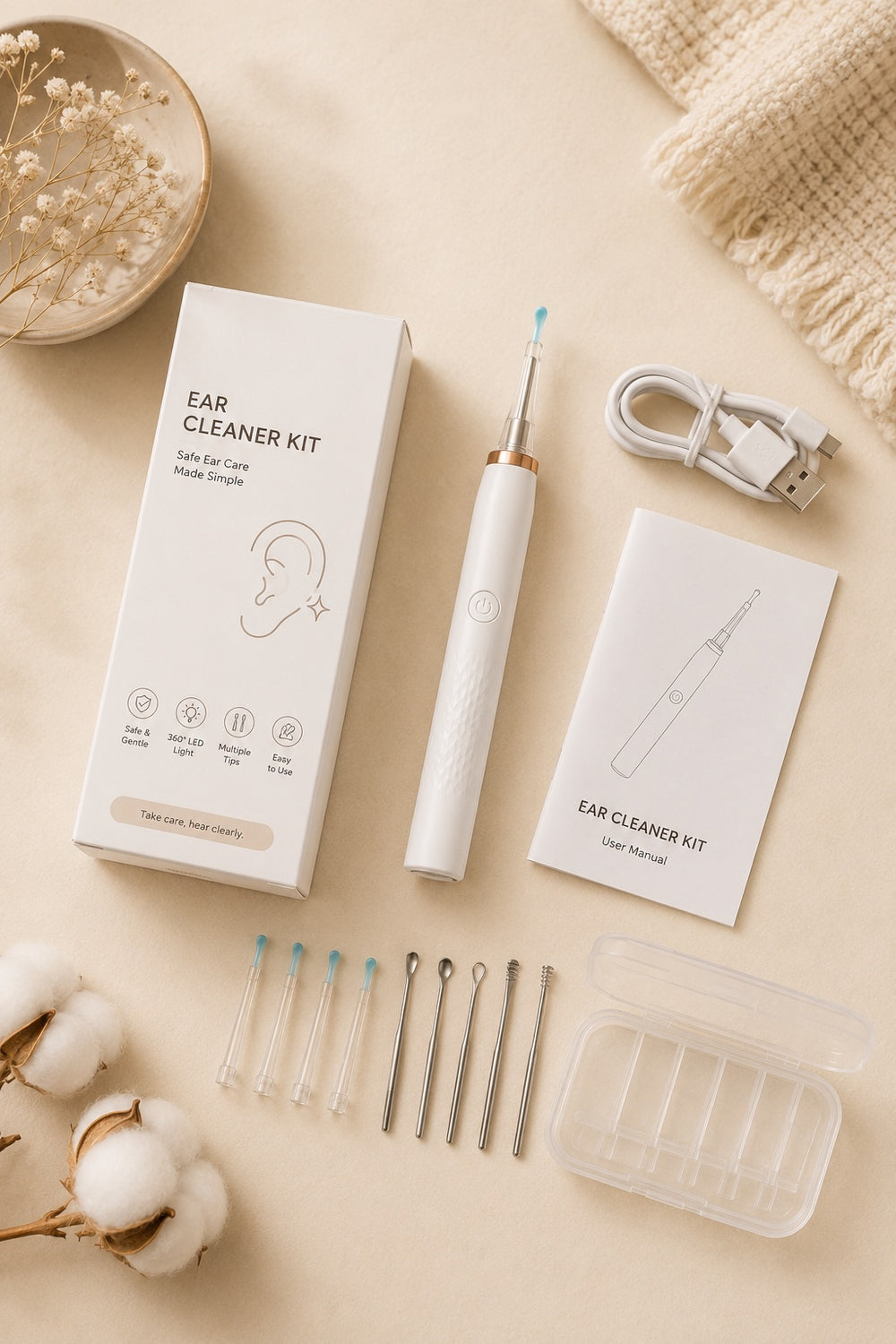 The ClearEars kit laid out on a warm cream backdrop